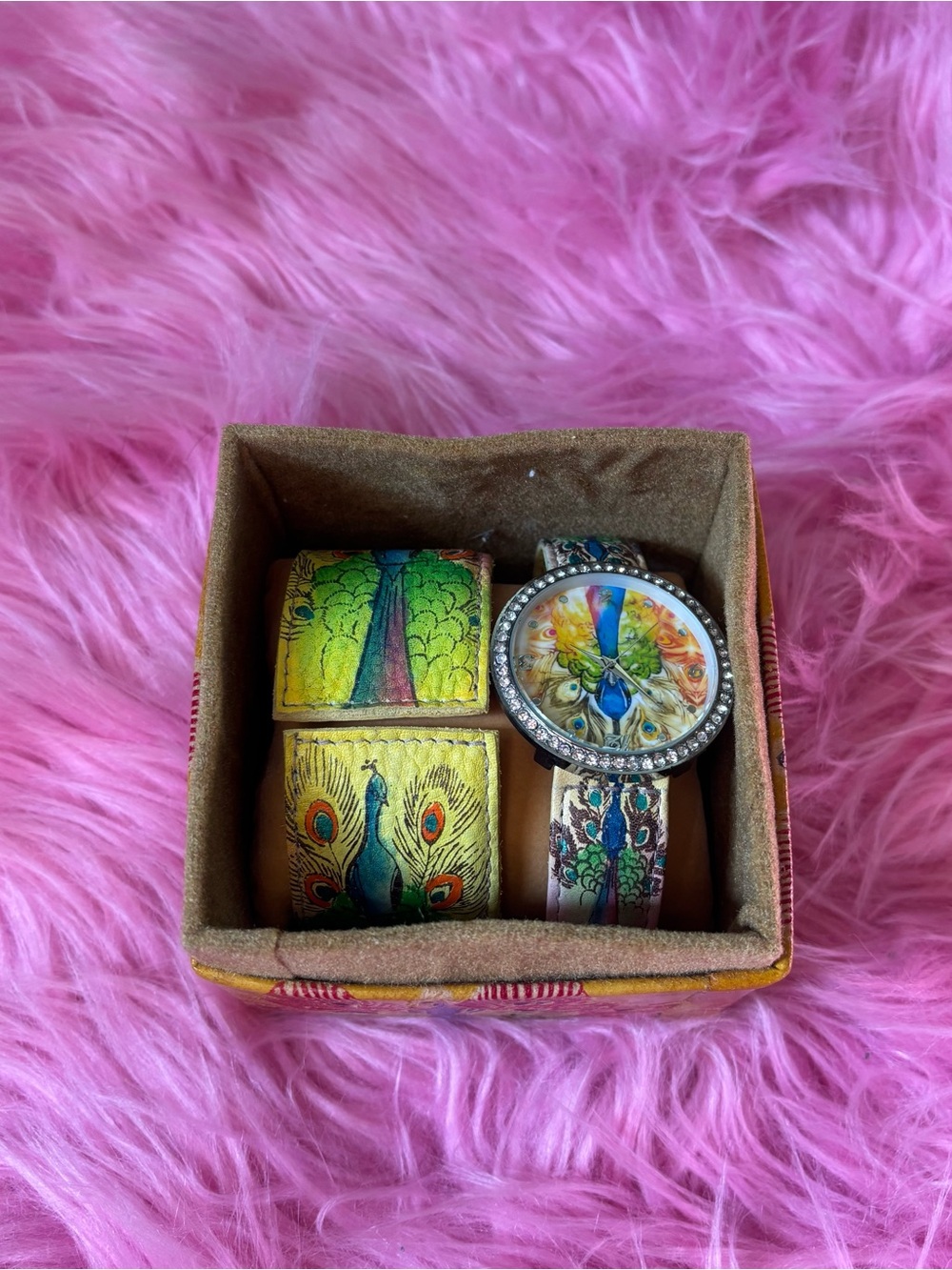 Sukriti Hand Painted Genuine Leather Peacock Watch Bracelet Set New in Box